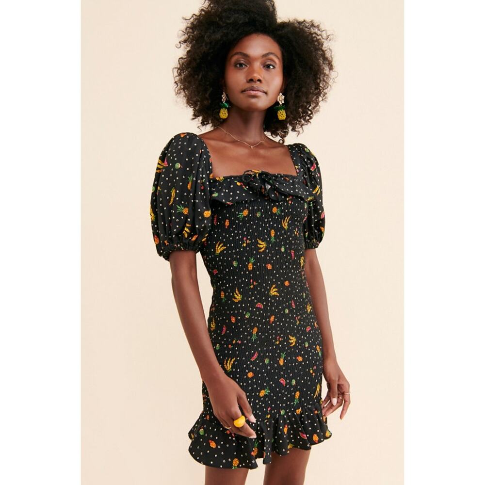 FARM Rio Tiny Fruits Tropical Print Boho Smocked Mini Dress, Size Small NWT